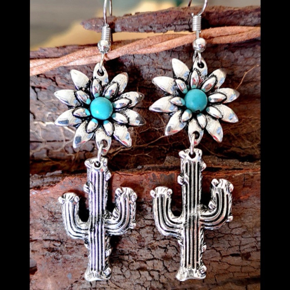Silver Flower Cactus Dangle Earrings Turquoise